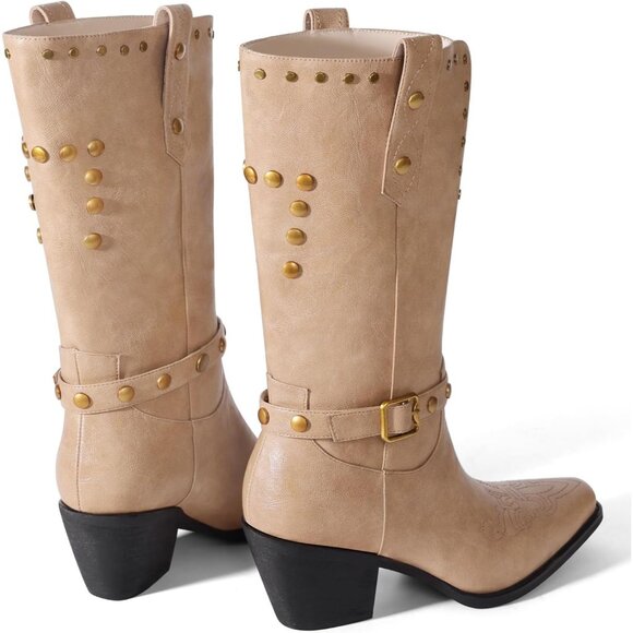 Womens Beige Faux Leather Mid Calf Square Toe Block Chunky Heel Studded Boots - Picture 4 of 6